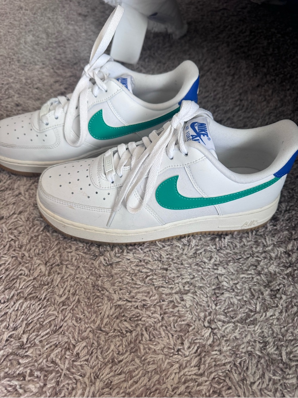 Nike Women’s White Sneakers with Green Swoosh and Blue Heel Tab